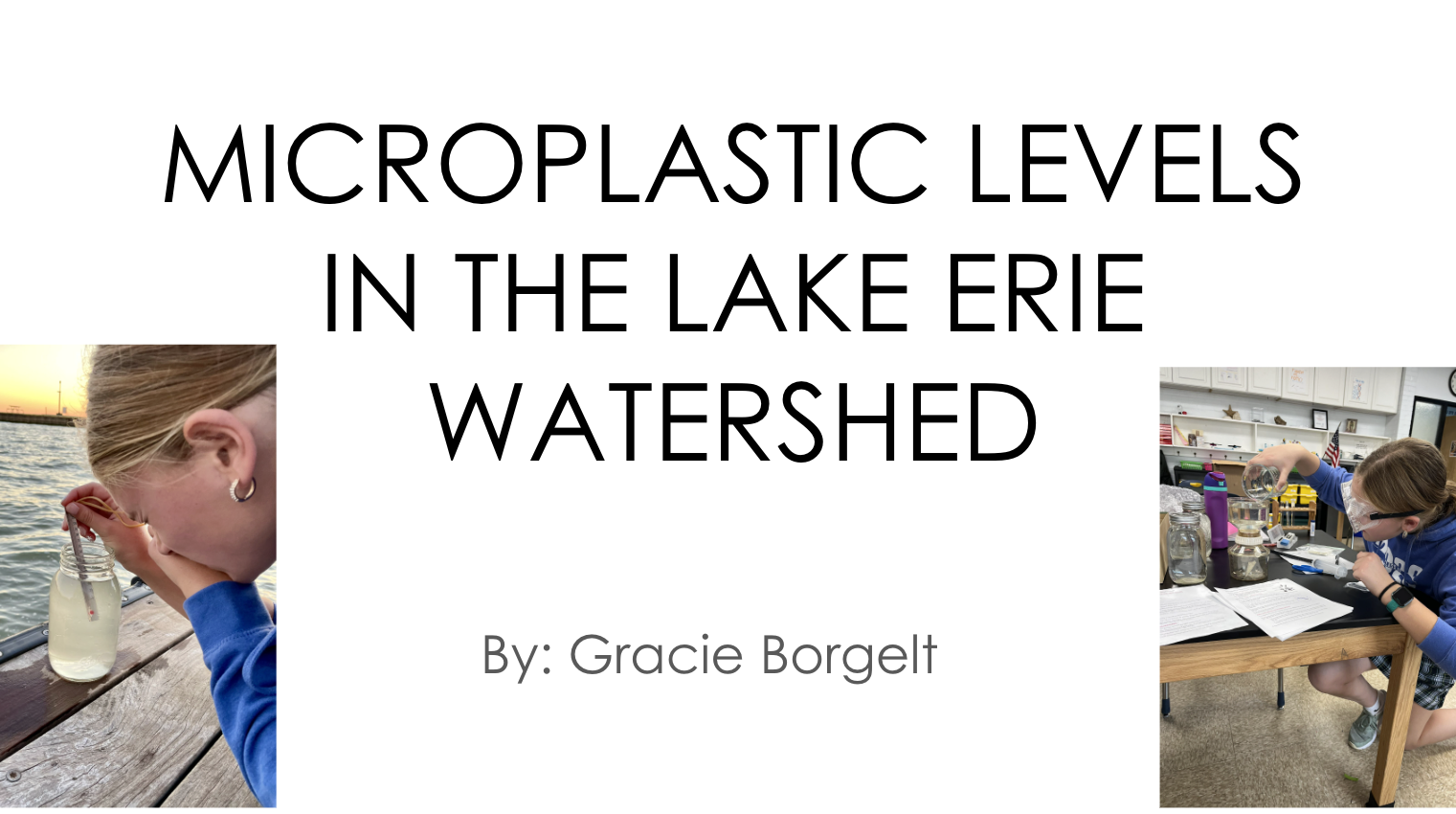 Student collecting water sample and testing sample for microplastics