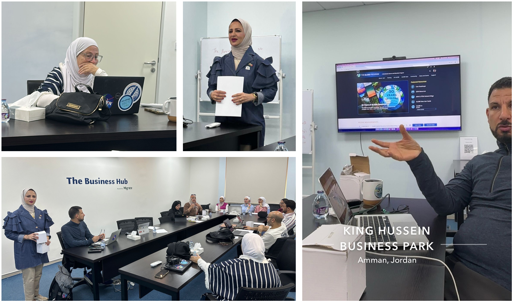 Collage of attendees reviewing the website and having discussions.